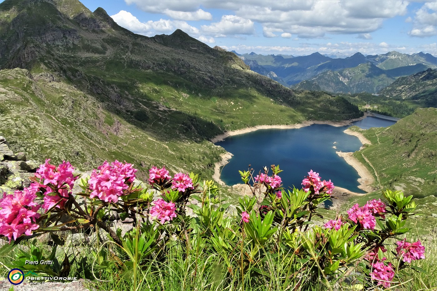52 Vista sui Laghi Gemelli dalle pendici del Pizzo Camilla tra i rododendri.JPG